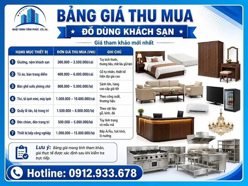 Bảng giá thu mua đồ dùng khách sạn mới nhất