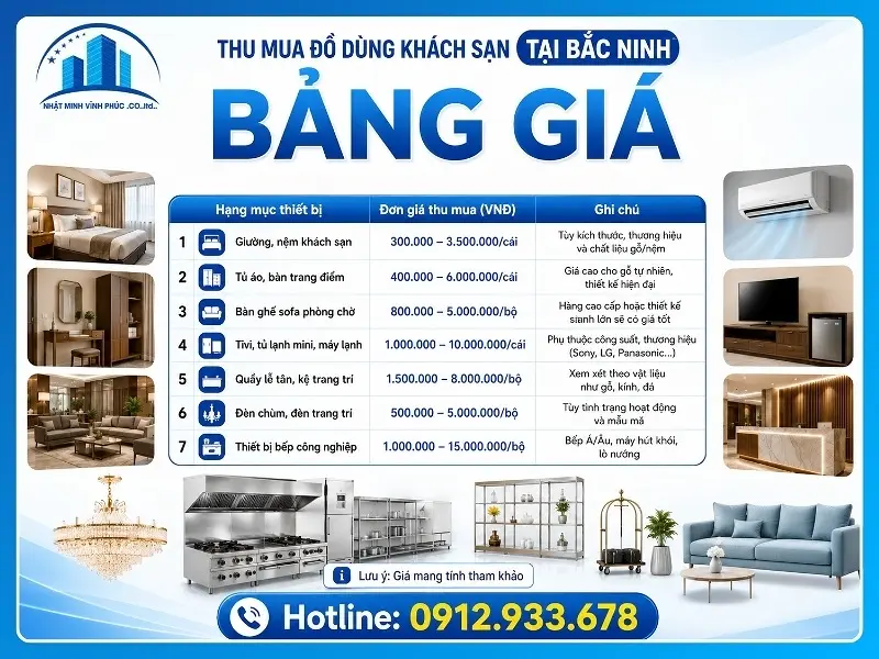 Bảng giá thu mua đồ dùng khách sạn tại Bắc Ninh mới nhất