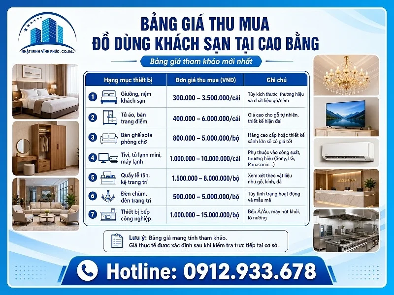 Bảng giá thu mua đồ dùng khách sạn tại Cao Bằng