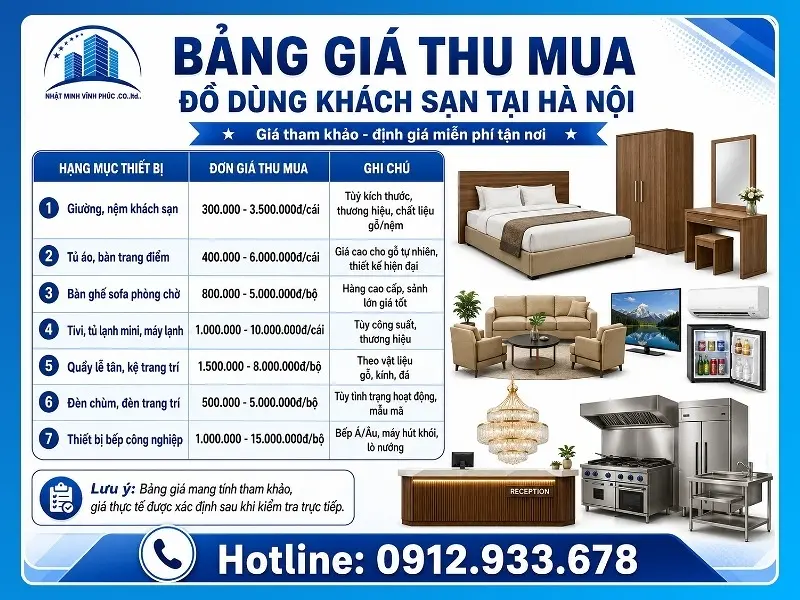 Bảng giá thu mua đồ dùng khách sạn tại Hà Nội mới nhất