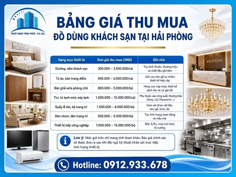 Bảng giá thu mua đồ dùng khách sạn tại Hải Phòng mới nhất