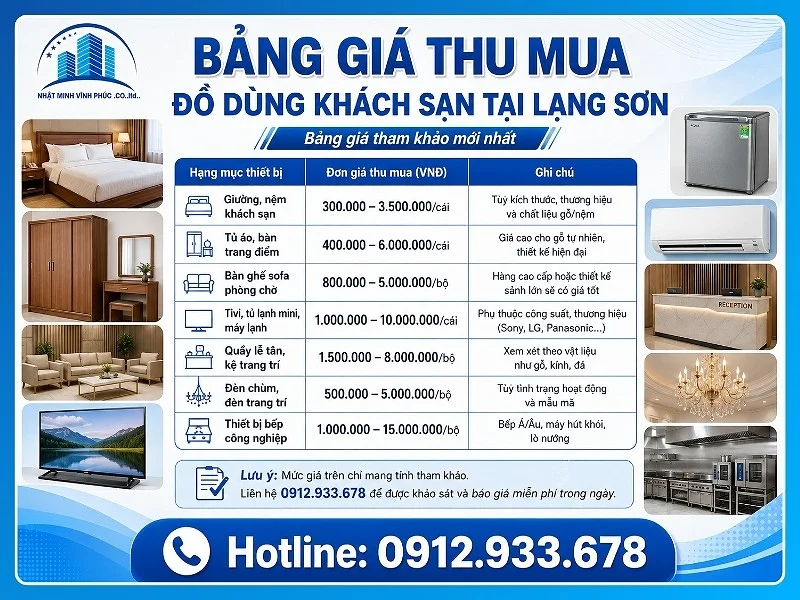 Bảng giá thu mua đồ dùng khách sạn tại Lạng Sơn mới nhất