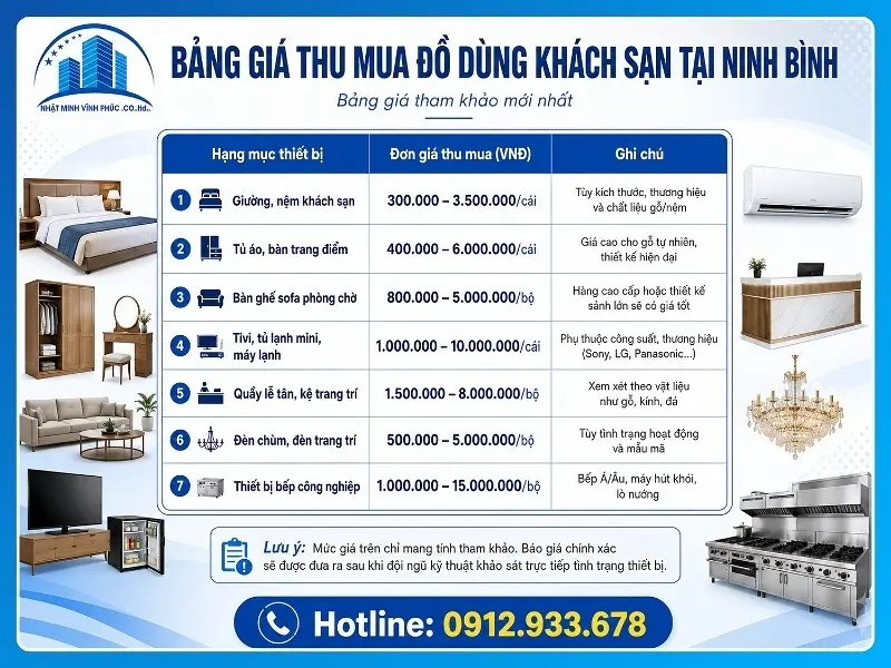Bảng giá thu mua đồ dùng khách sạn tại Ninh Bình mới nhất