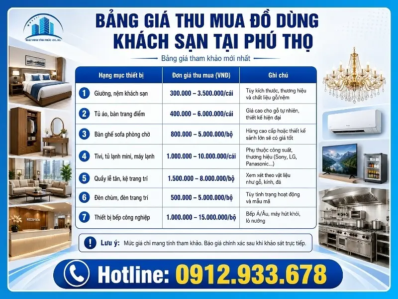 Bảng giá thu mua đồ dùng khách sạn tại Phú Thọ