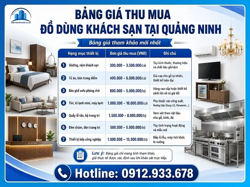 Bảng giá thu mua đồ dùng khách sạn tại Quảng Ninh mới nhất