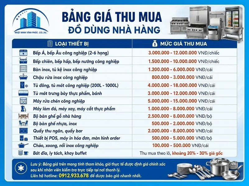 Bảng giá thu mua đồ dùng nhà hàng mới nhất