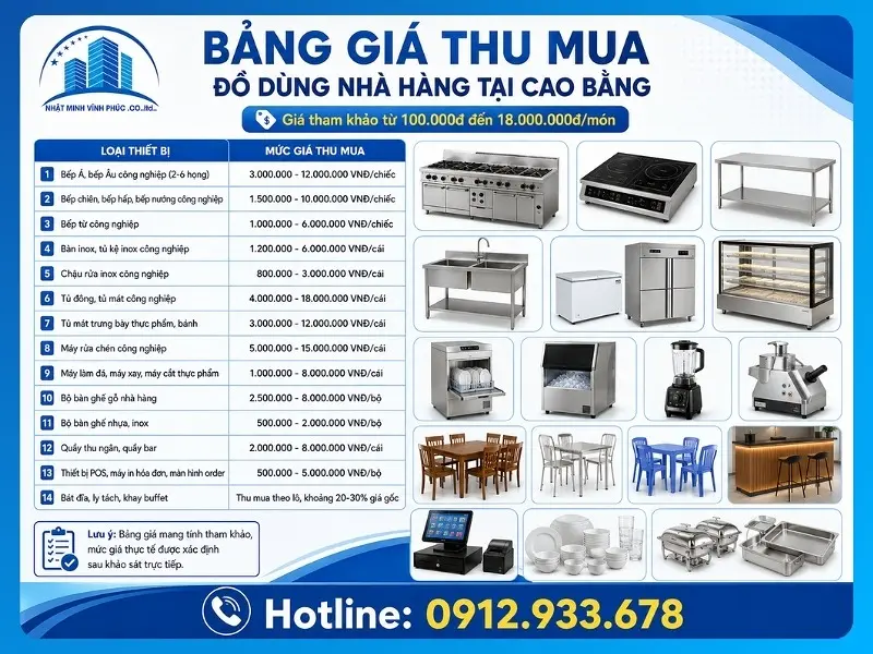 Bảng giá thu mua đồ dùng nhà hàng tại Cao Bằng mới nhất