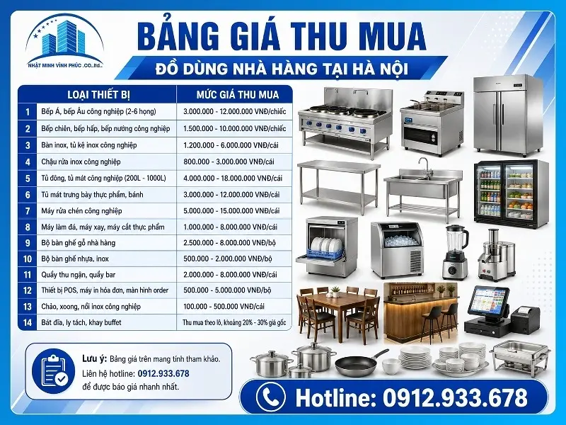 Báo giá thu mua đồ dùng nhà hàng tại Hà Nội mới nhất